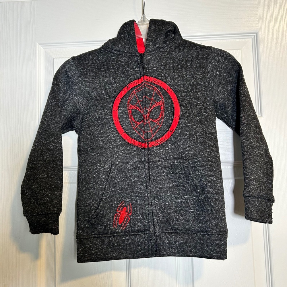 Marvel Spider-Man Grey Zip Up Hoodie Jacket Kids Small Red Spider Web Logo